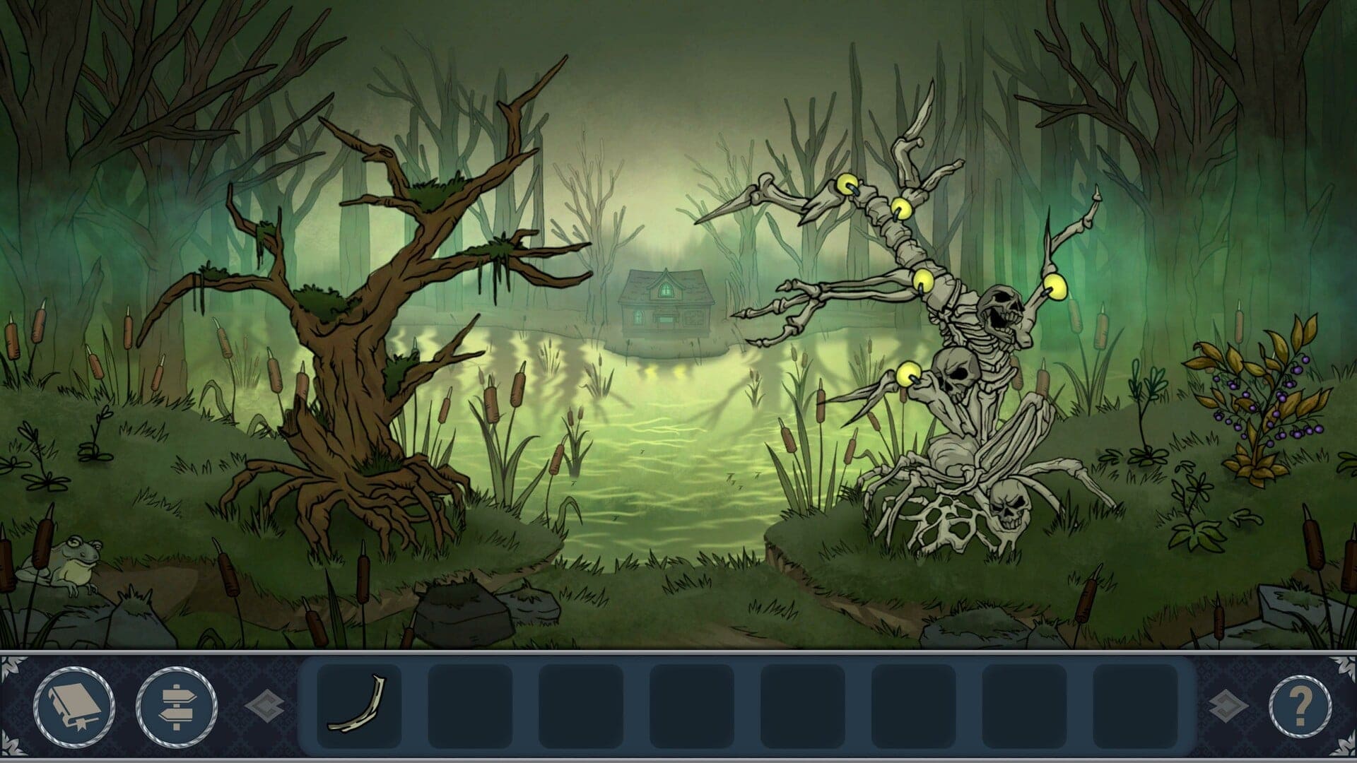 A foggy swamp with a small hut on the far side of the water. On the left side of the screen is a dead tree with twisting branches On the right side is a similar looking structure mirroring its position, but it is made of bones.