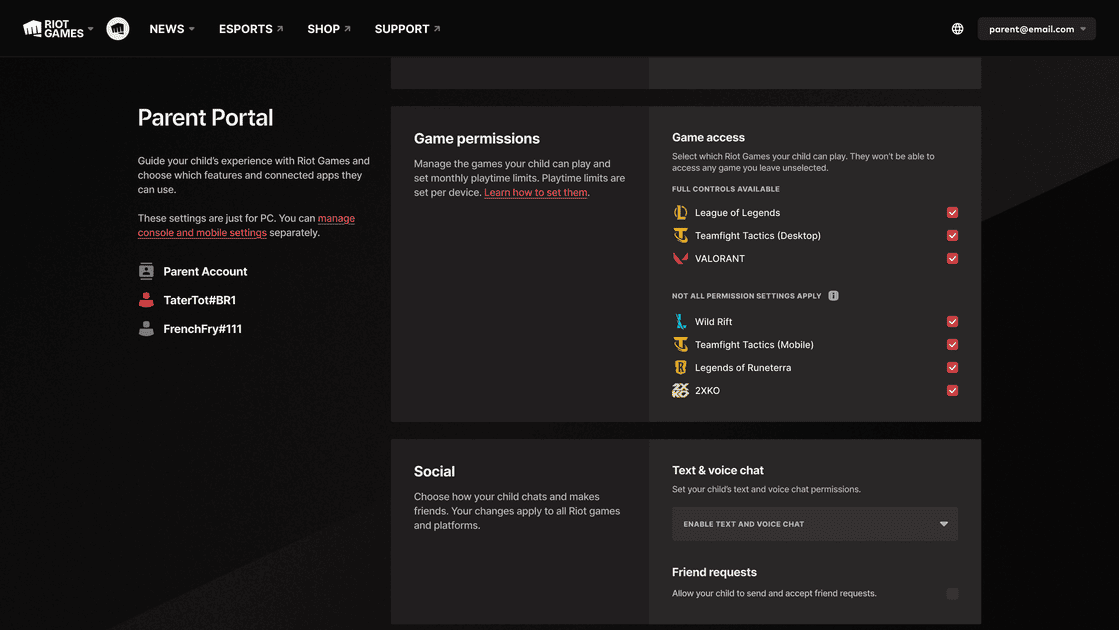 Riot Parent Portal Screenshot