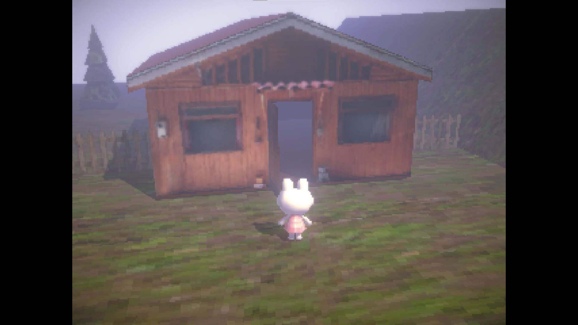 A small white rabbit character in a pink dress stands in front of an old, ramshackle cabin. The windows are dark but the door stands open. The wooded area around the cabin is filled with fog.