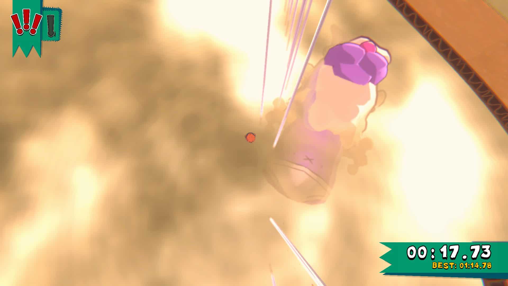 Bubsy falling down towards a giant sheep slightly obscured by clouds