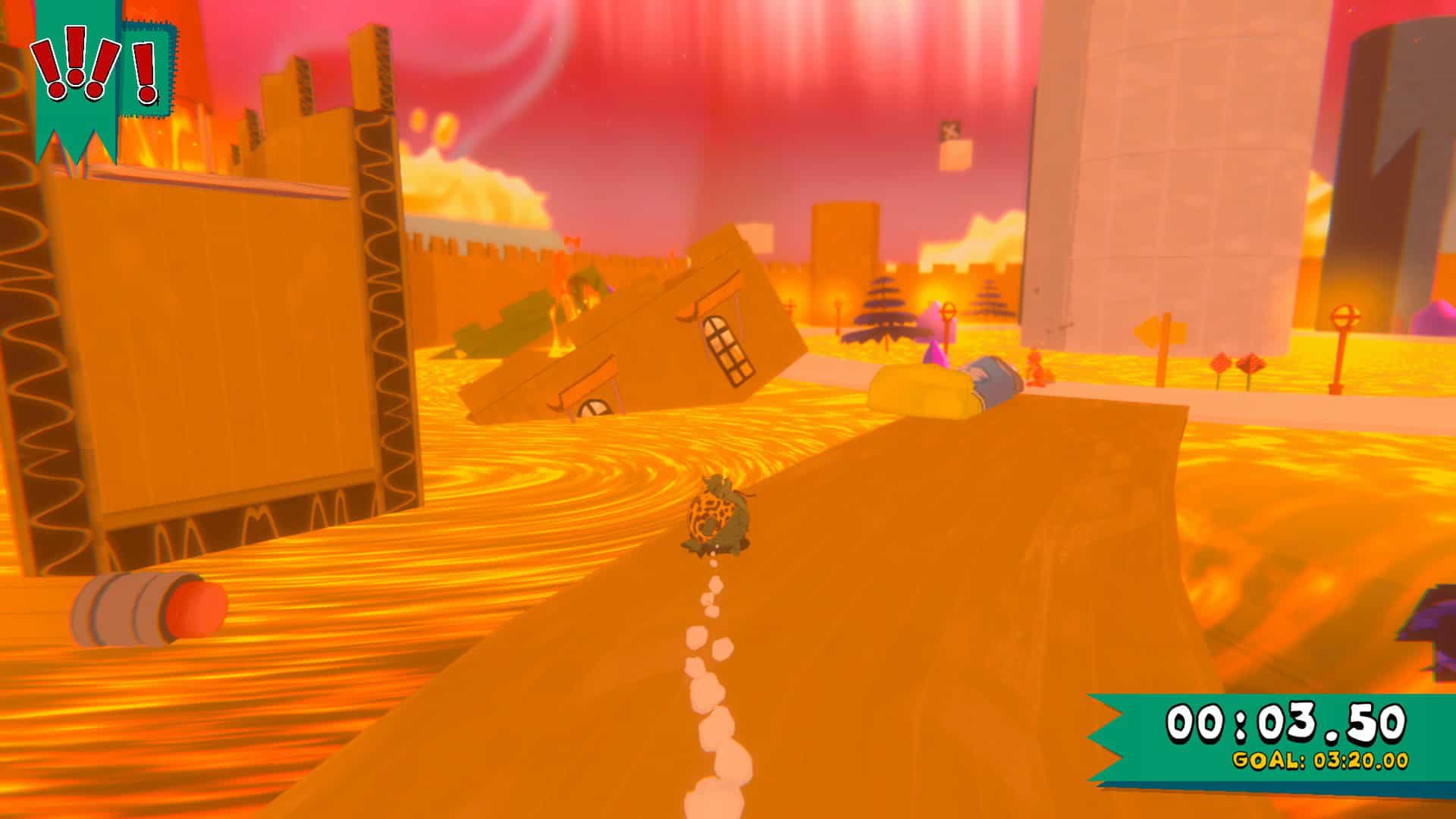 Bubsy rolling towards a white road next to lava