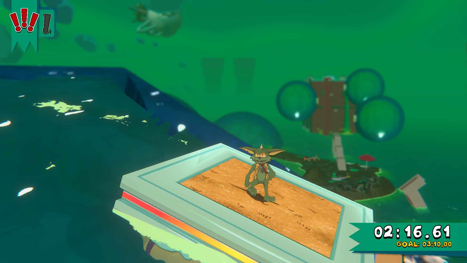 Goblin bubsy standing on a titled platform on top of a watery bubble, with other watery bubbles behind, inside a green-tint level