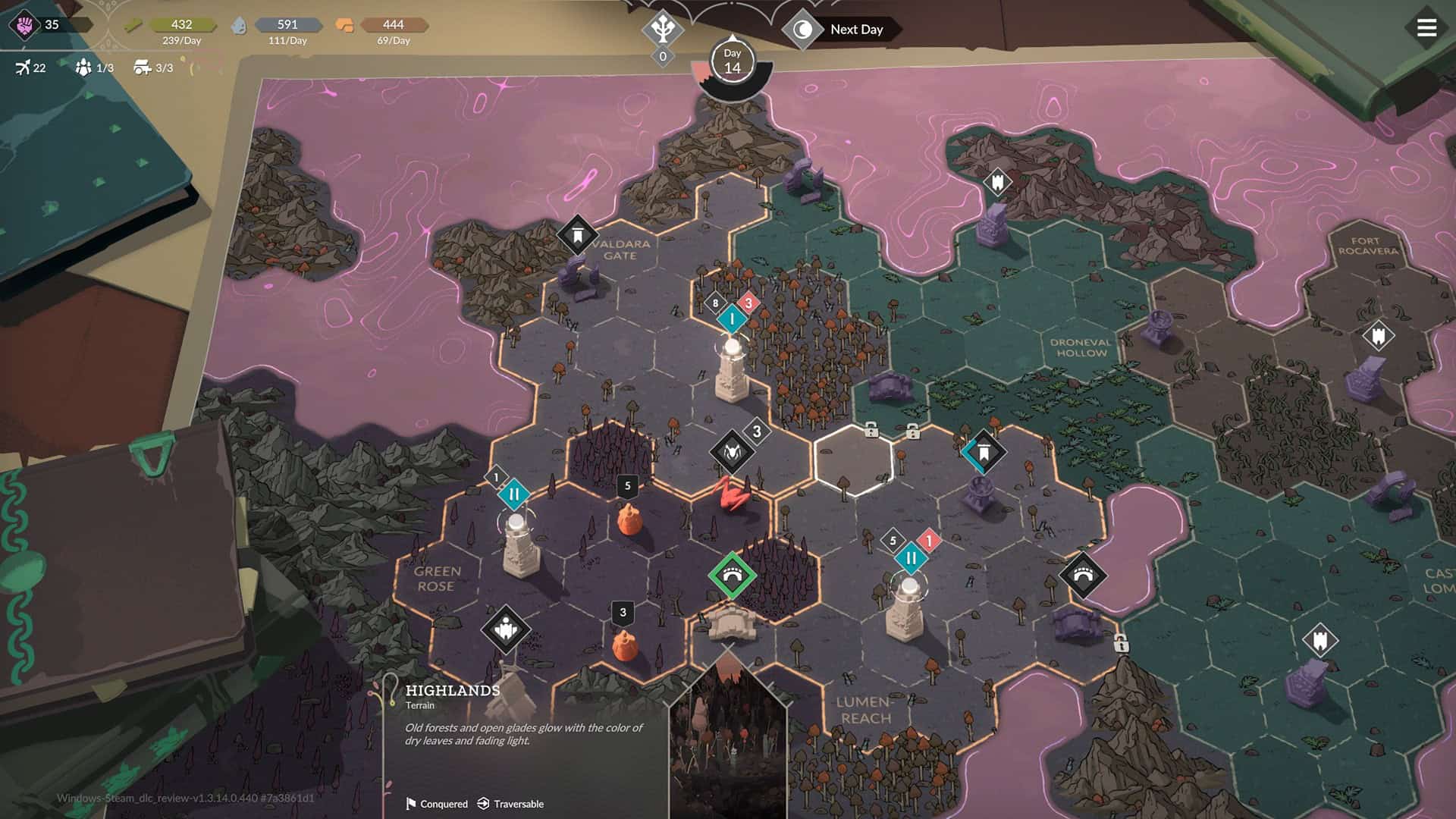 Cataclsimo The Old Kingdom screenshot showing the hexagonal world map and its landmarks.