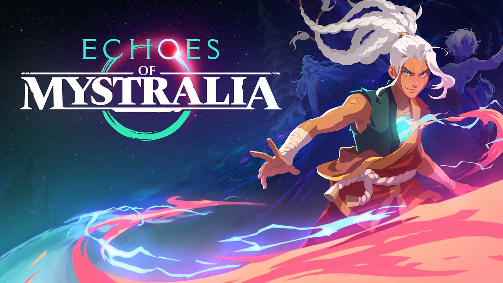 Echoes of Mystralia key art showing the protagonist in their monk-like attire and white hair. They have a magical glowing orb on their chest.