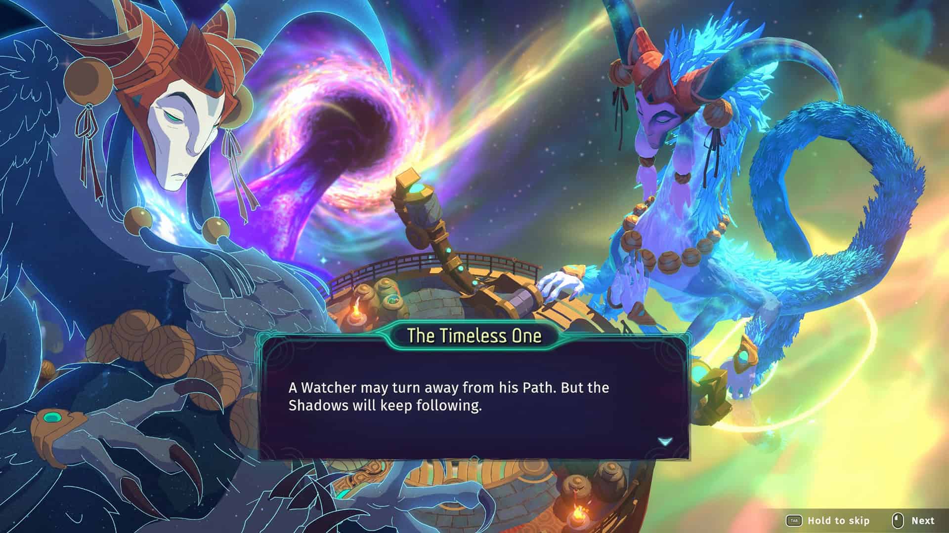Echoes of Mystralia Screenshot showing a dragon-like deity talking with the protagonist in a fantastical sky temple.