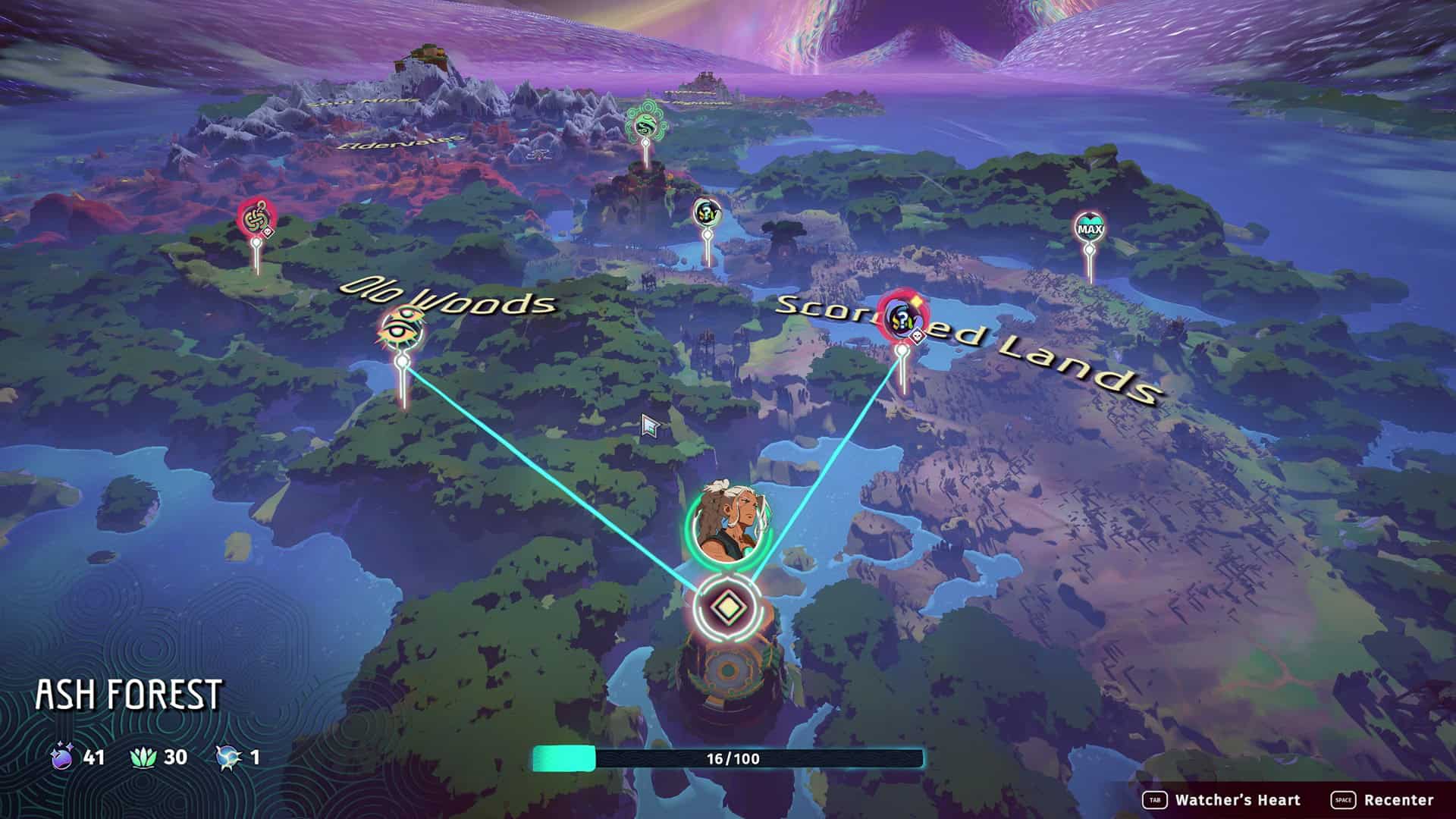 Echoes of Mystralia Screenshot showing the world map and various nodes we can chose in our path.