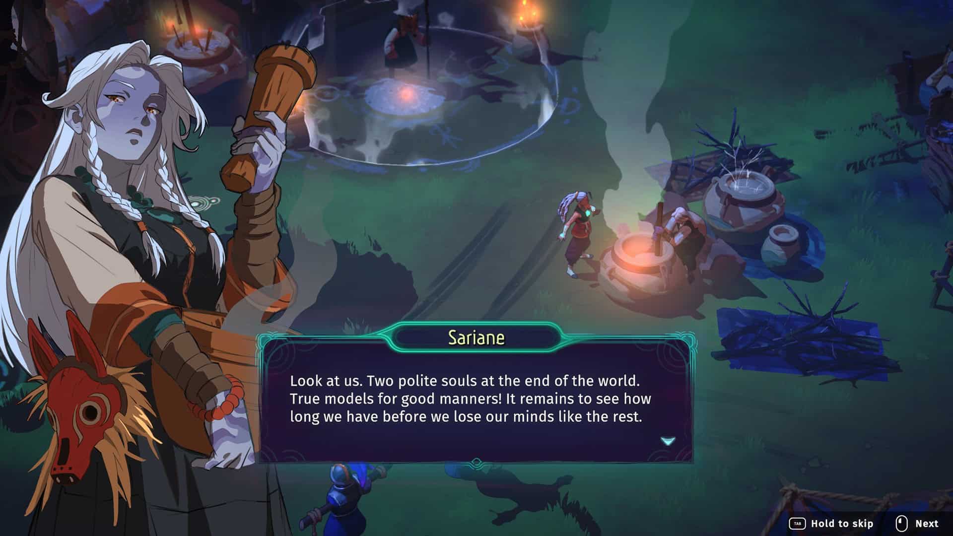 Echoes of Mystralia screenshot showing a dialogue scene with a young woman with ashen hair and appearance.