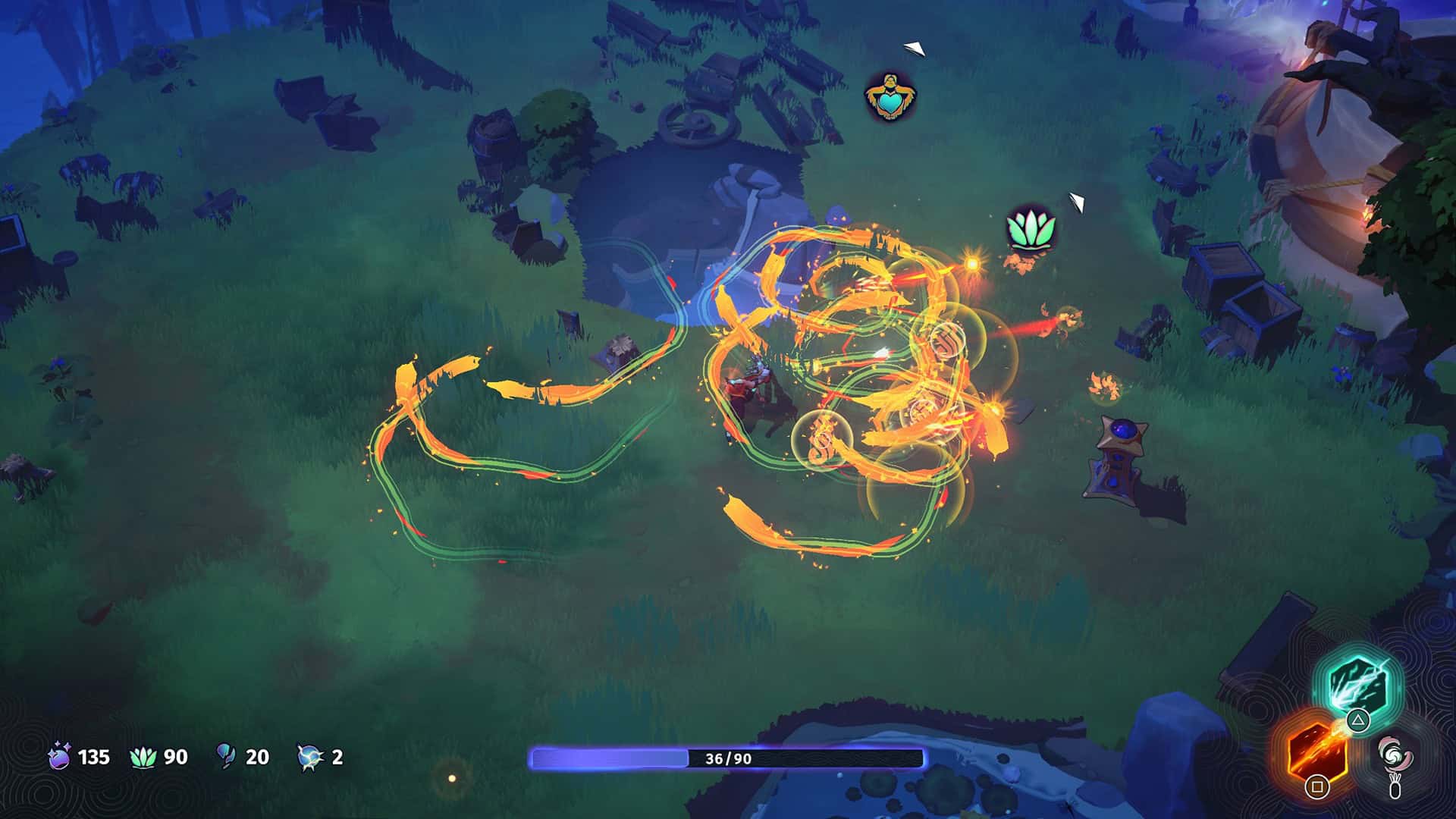 Echoes of Mystralia screenshot showing the protagonist surrounded by swirling fireballs.