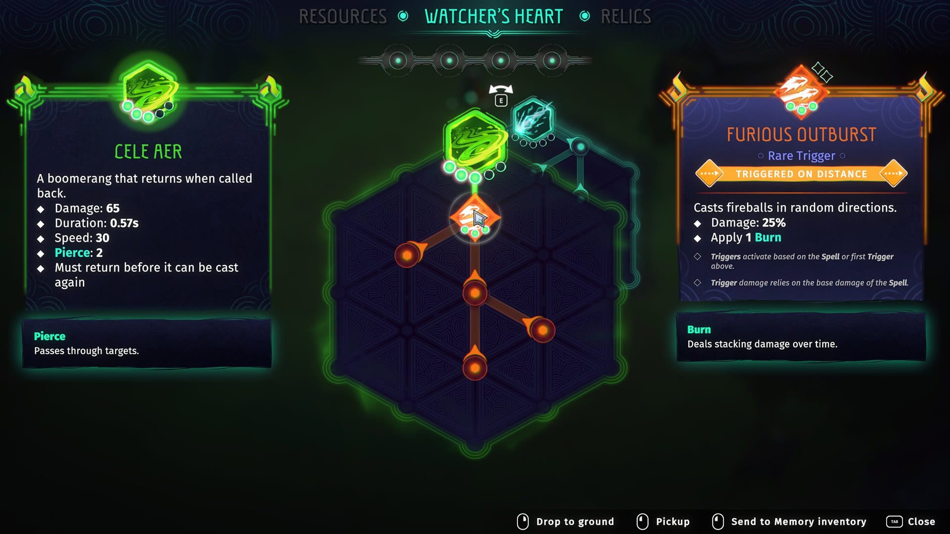 Echoes of Mystralia Screenshot showing the spell crafting screen, with a hexagonal layout and connection between points.