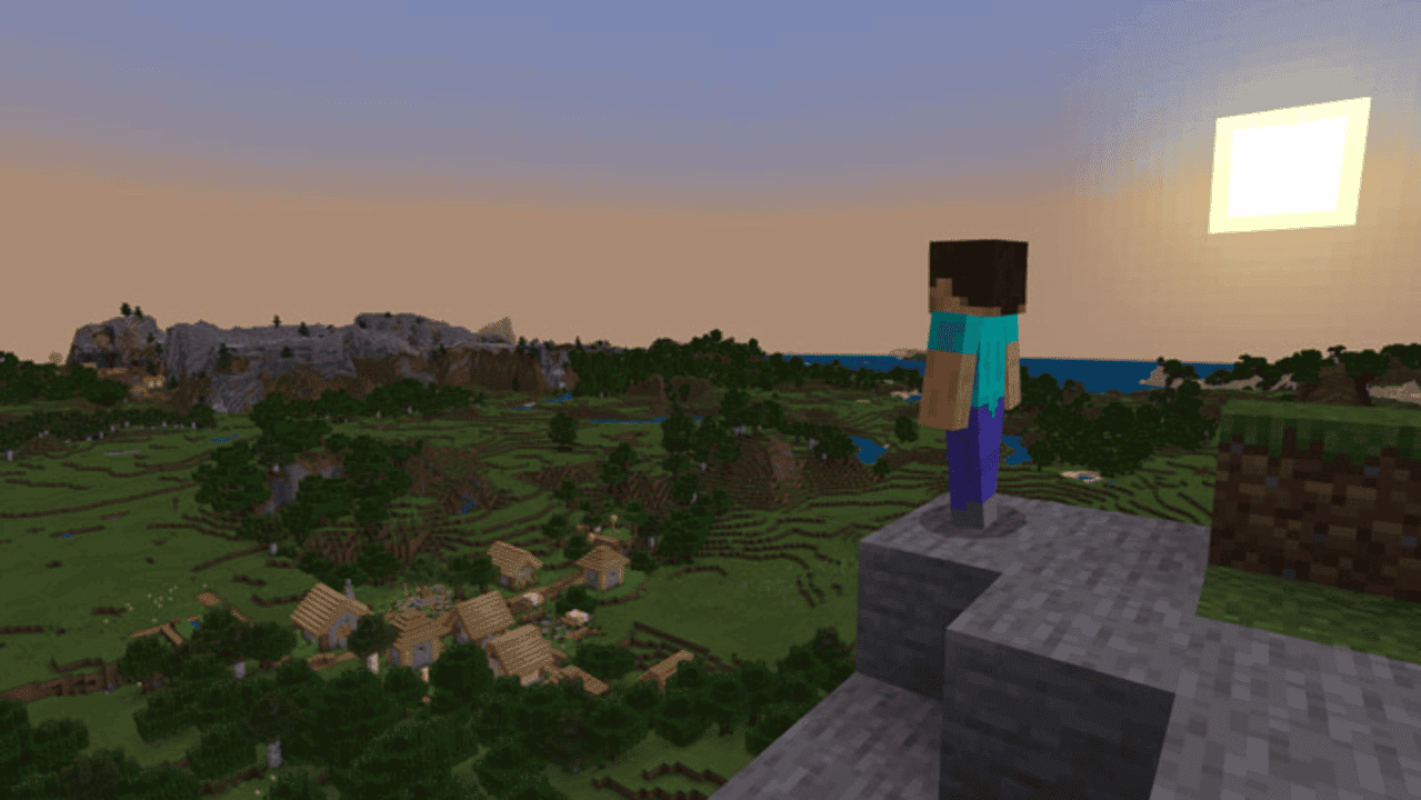 Minecraft steve stares out into the sunset