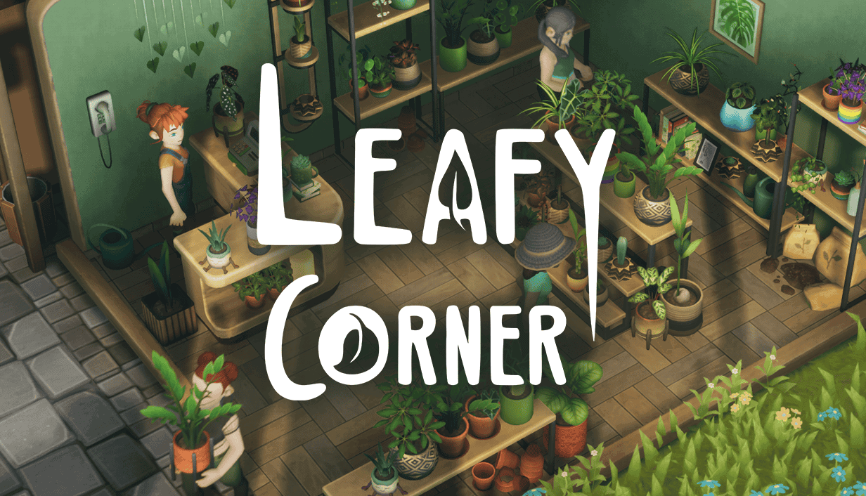 A cutaway view of a store on a street corner, filled with wooden shelves lined with potted plants. A girl with red hair in a ponytail wearing overalls stands behind the cash register in one corner. The title "Leafy Corner" is superimposed over the image.