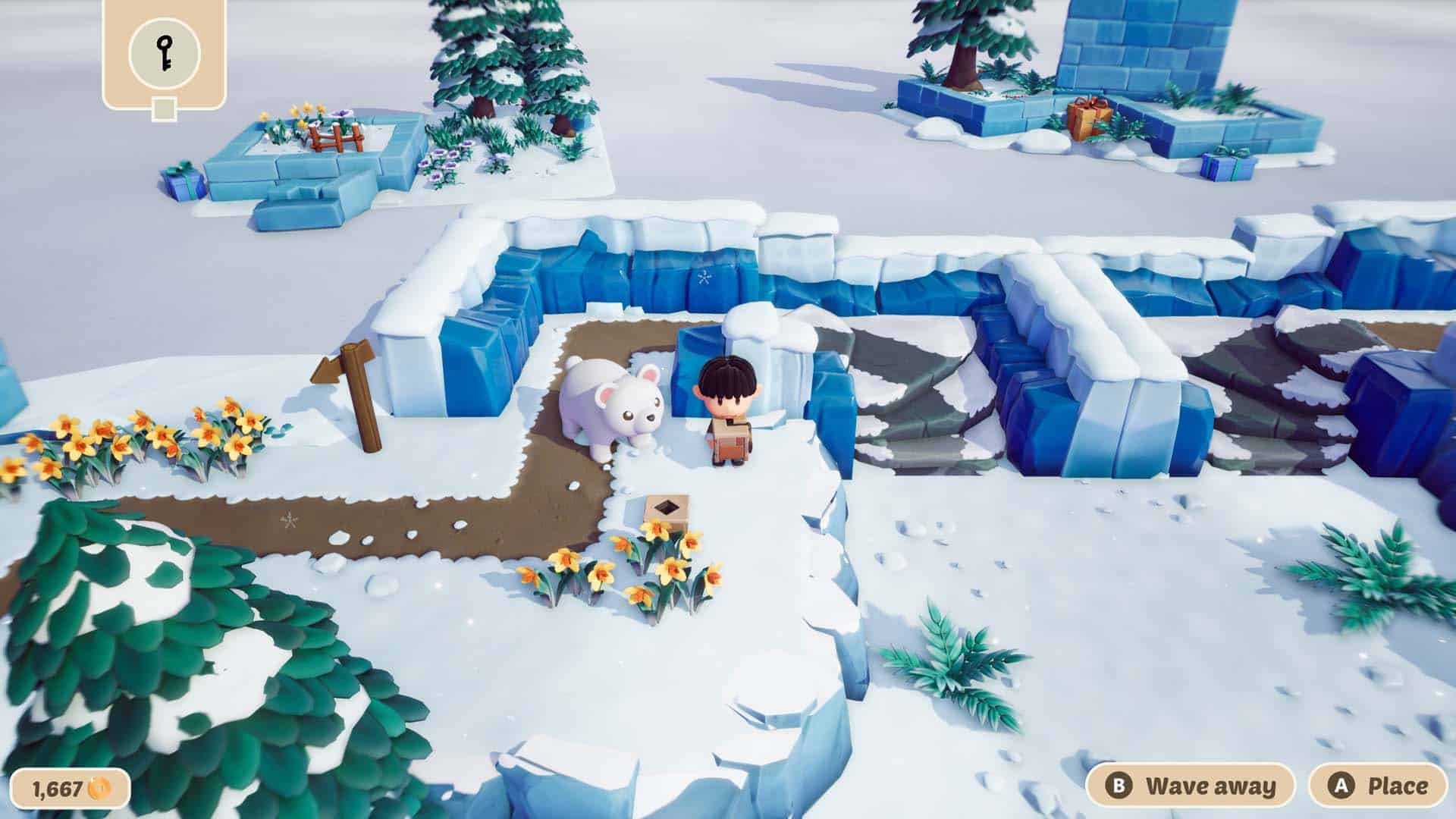 Standing with a polar bear in Mazey Village.