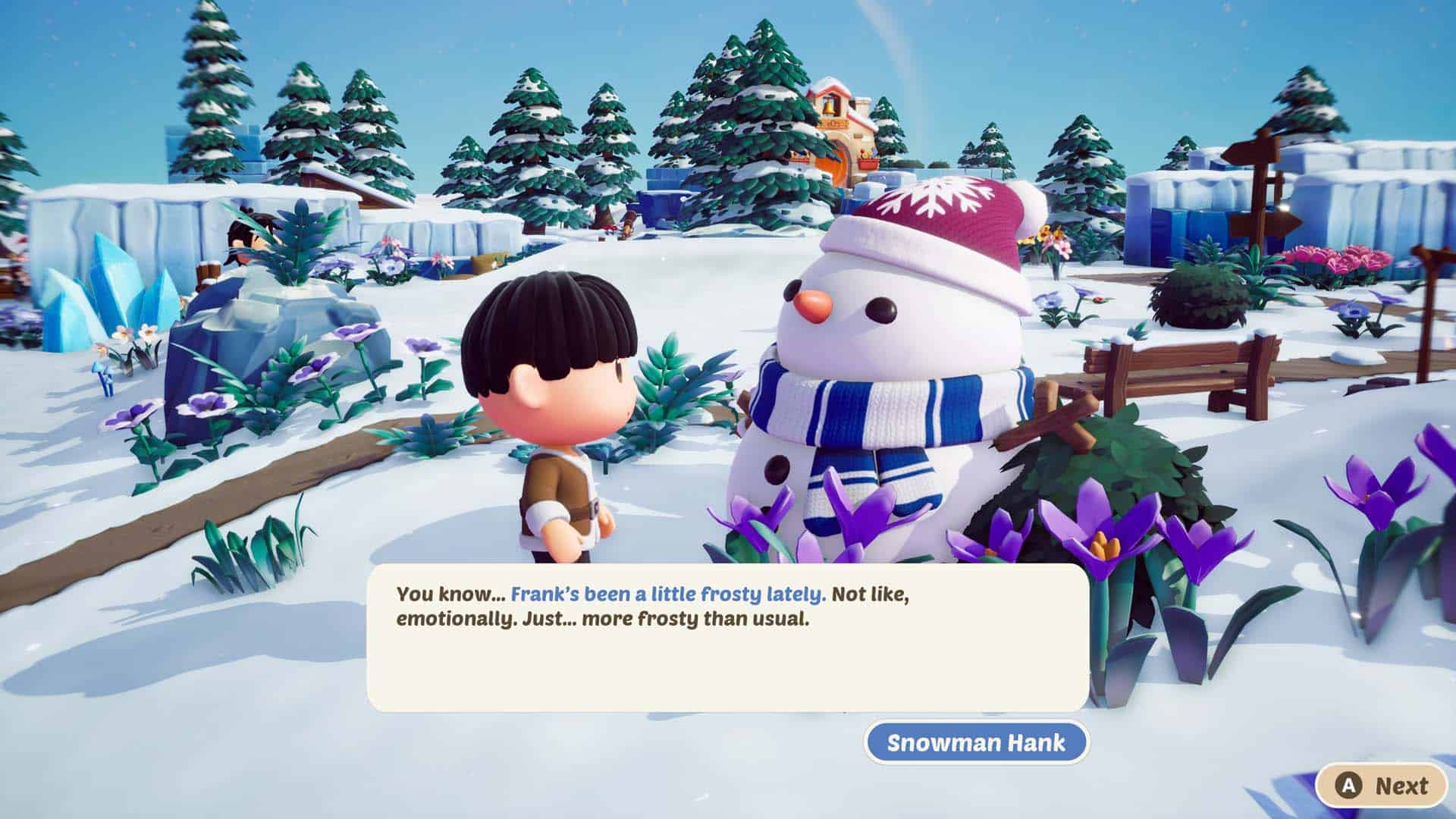 Speaking to a snowman in Mazey Village.