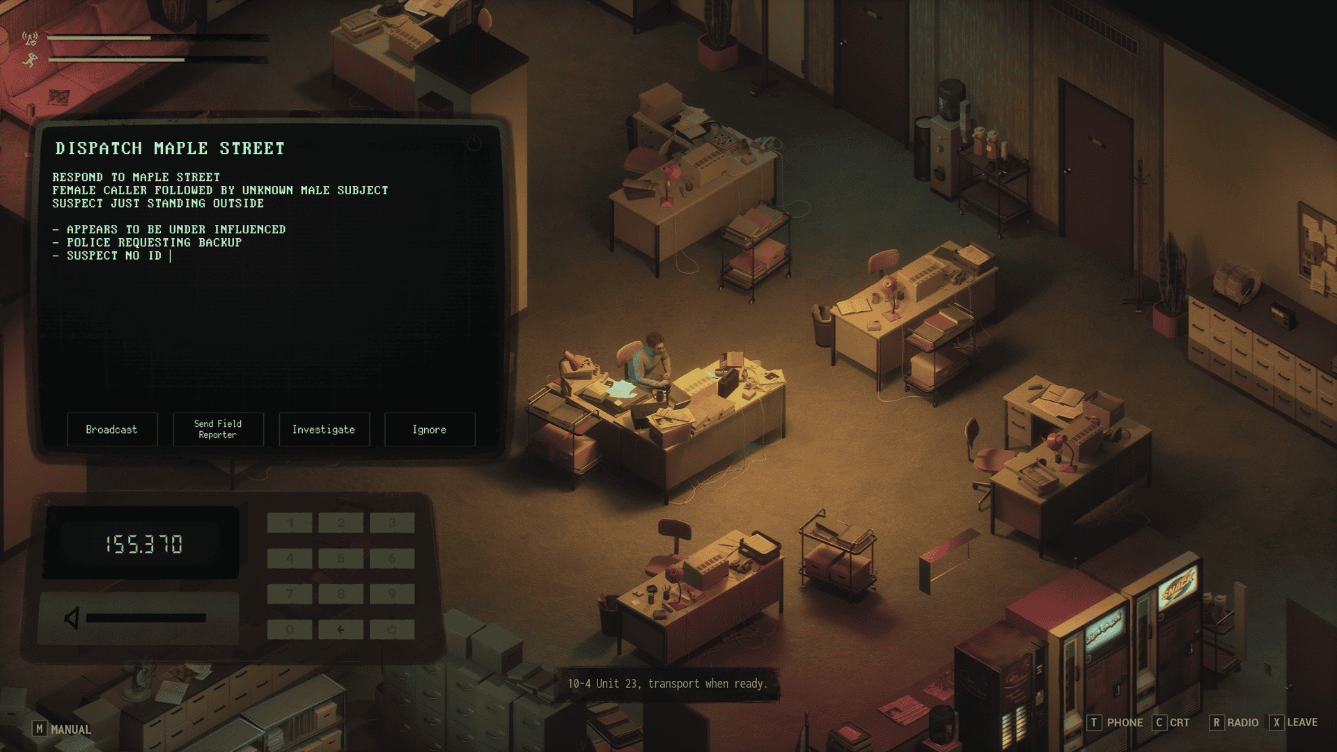 Static Hour gameplay of sitting at the desk, computer screen and radio UIs on the left side of the screen