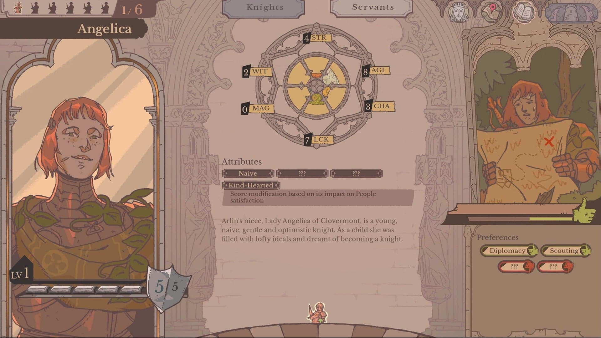 Sovereign Tower Screenshot showing the UI screen of the knight Angelica, showing her portrait, skills and passives.