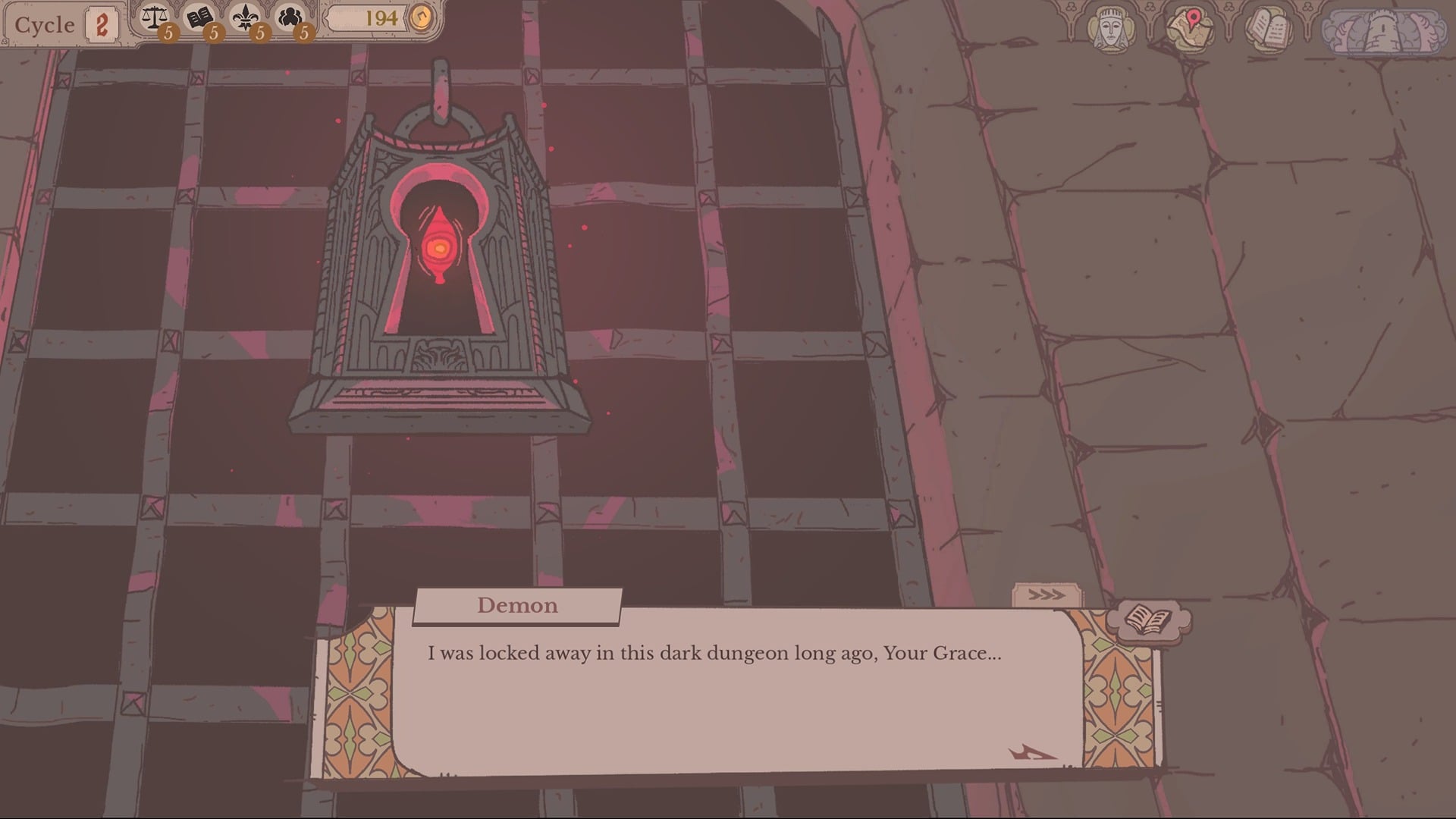 Sovereign Tower Screenshot showing a locked dungeon cell, as an imperceivable demon talks to the character from the glowing lock.