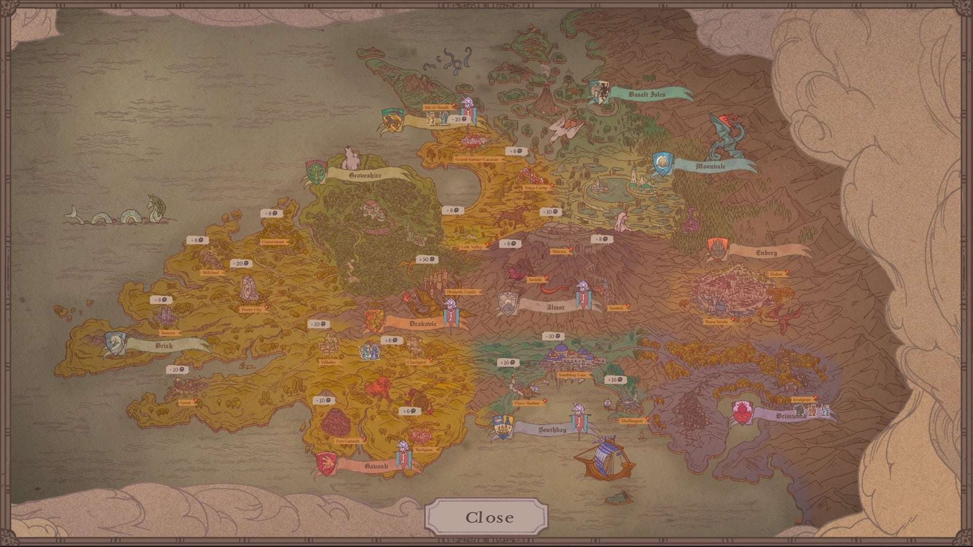 Sovereign Tower screenshot showing the game's world map in a colorful fantasy cartography style.