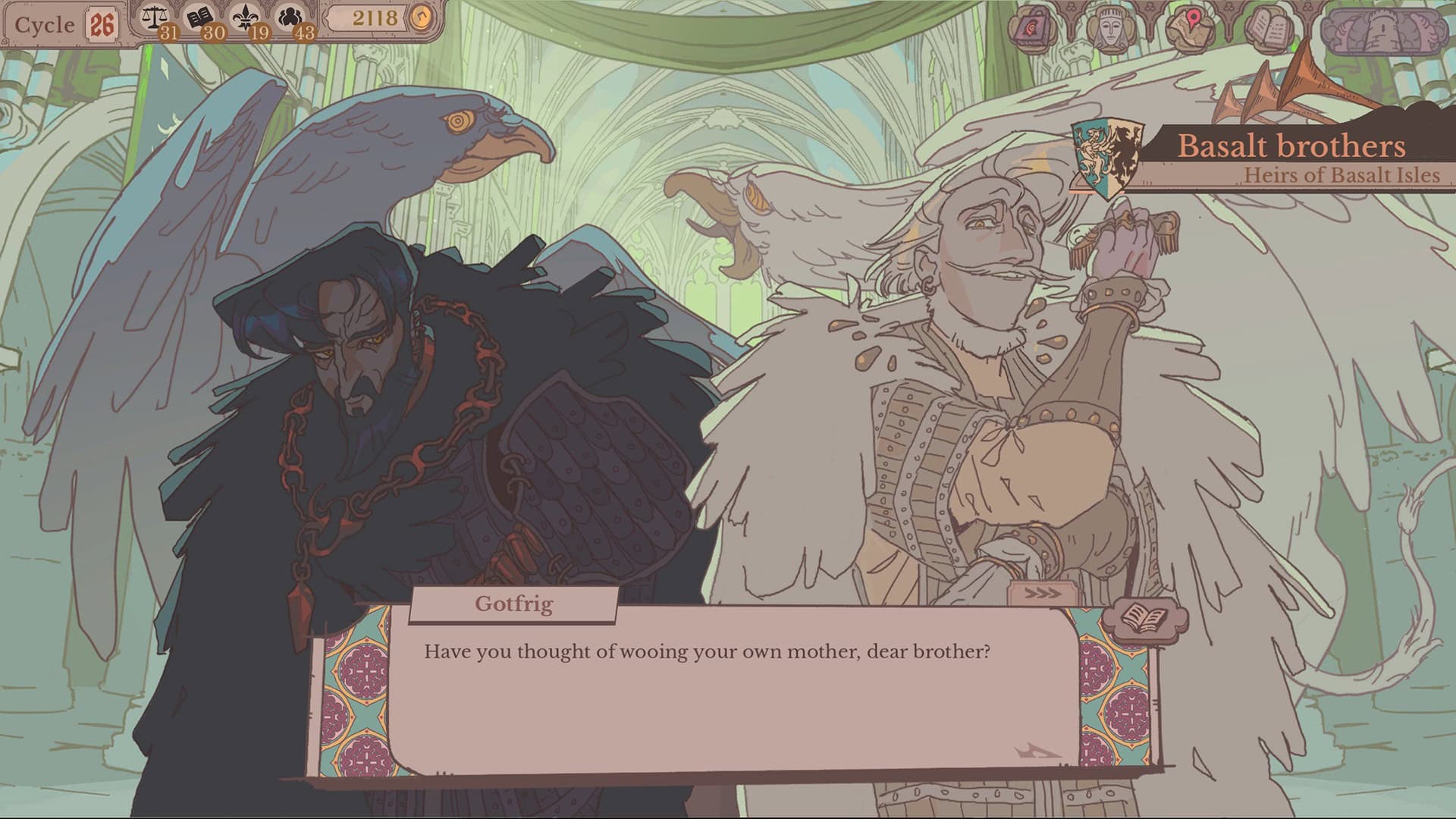 Sovereign Tower Screenshot showing the artwork of two brothers with similar features but opposing color themes of black and white. They each have a gryphon sitting on their back.