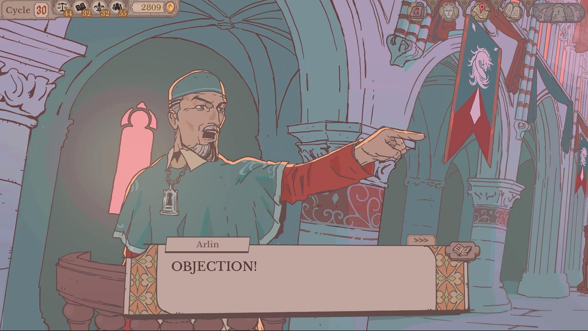 Sovereign Tower screenshot showing an easter egg to the famous Ace Attorney meme where the lawyer shouts Objection during a trial.