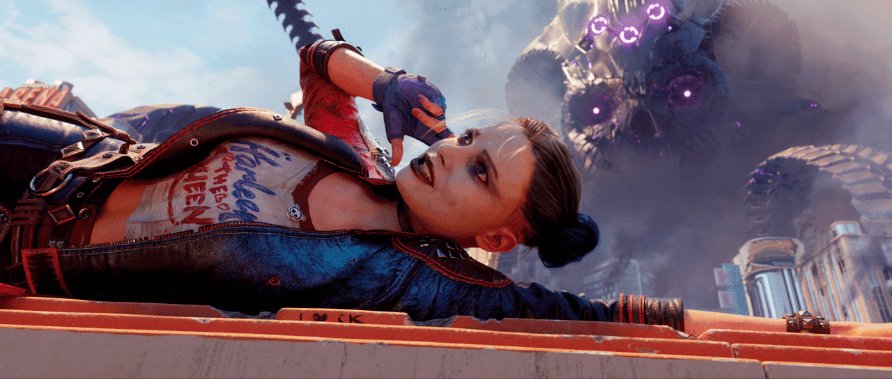 Harley Quinn lays down on her side while a menacing alien spaceship looms behind her