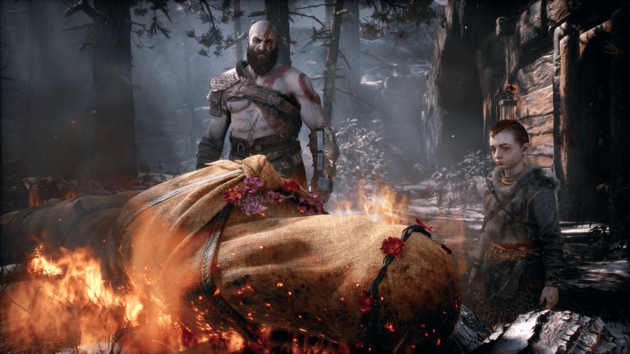 Kratos and Atreus stand over Faye's dead body as it burns on a funeral pyre