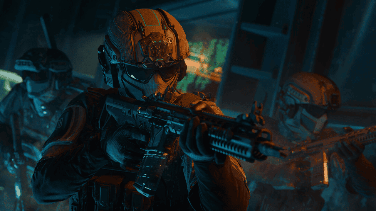 Three armed soldiers in helmets and facemasks point their guns towards the camera in a dimly-lit room
