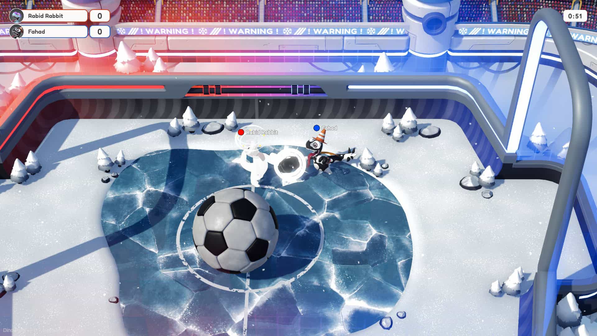 Dinosaurs are playing a chaotic game of football in dino party.