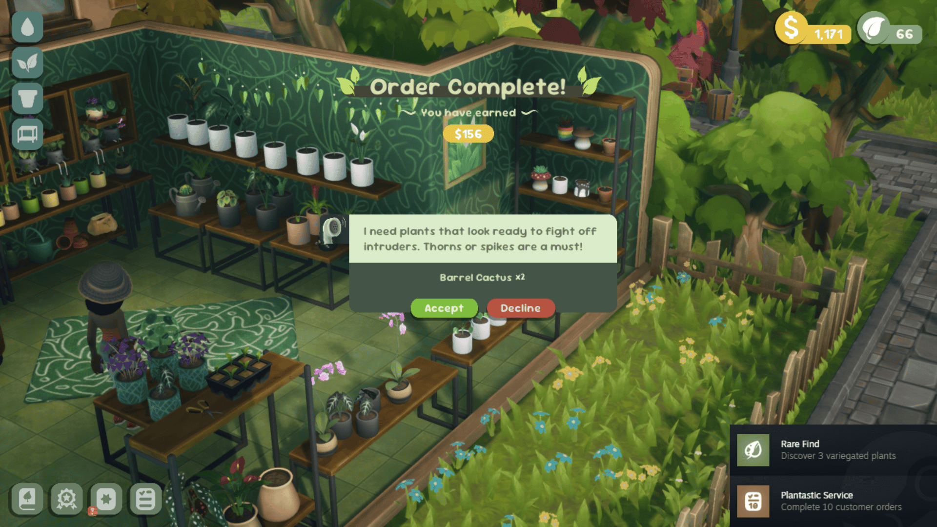 a plant show shown in cutaway where a pop up window shows an order for 2 barrel cactus and the option to accept or decline, the success message for a separate order saying that you've earned $156, and two notifications of earned achievements in the bottom right corner