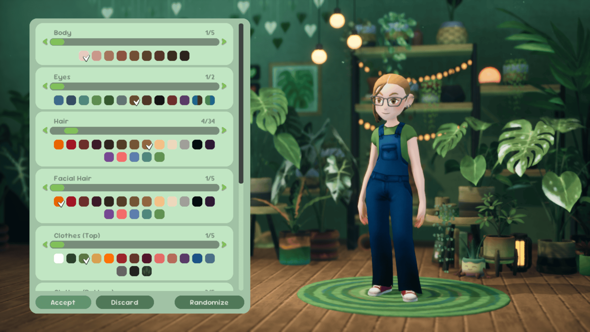 In the background is a store filled with shelves of potted plants. On the left is a character creation menu allowing the player to choose between options for hair, skin color, eyes, clothes. On the right is the player character's current appearance based on the selected options.