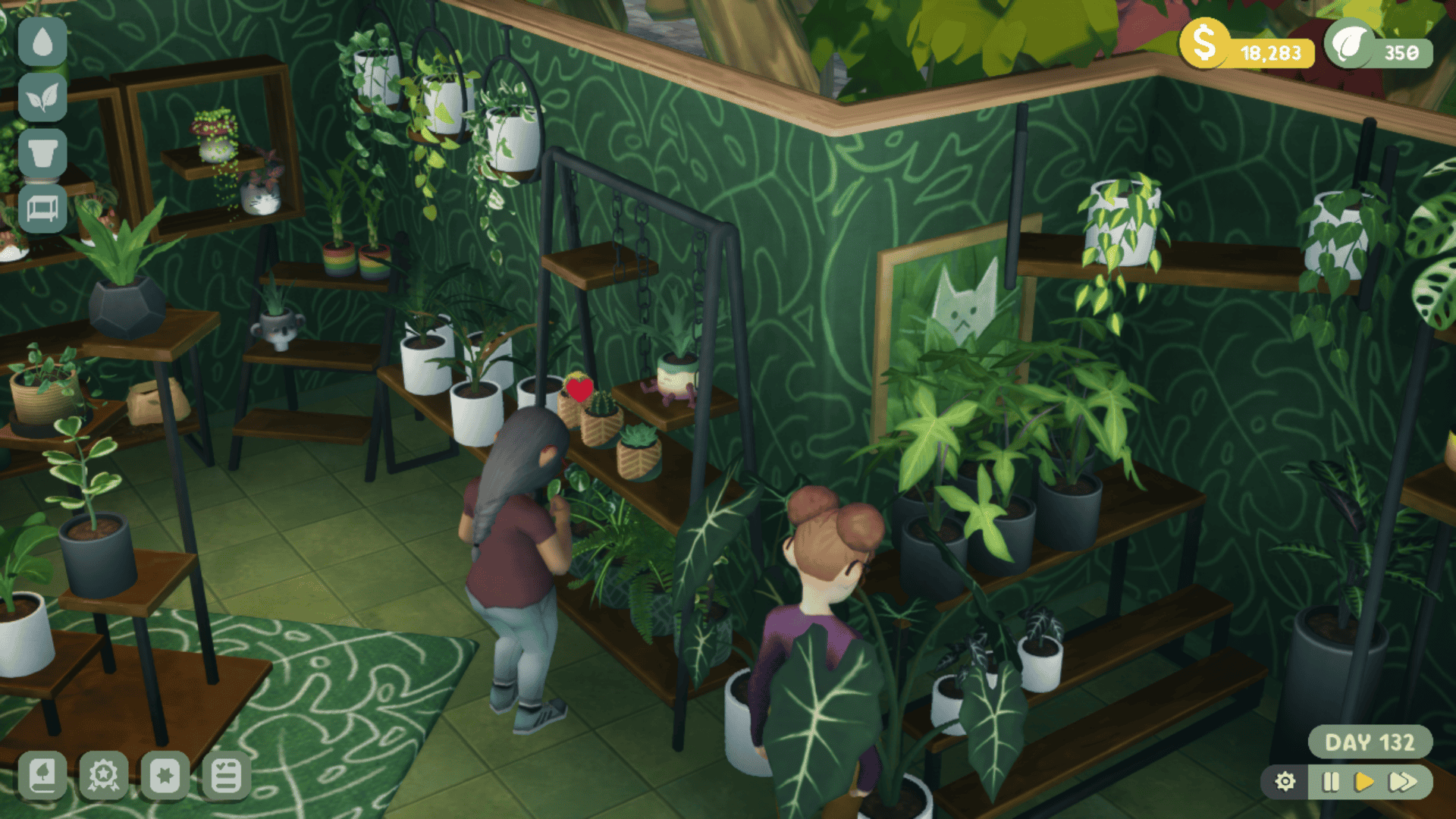 In a plant store, an NPC stands staring down at a spider plant in a decorative terra cotta pot with their hands clasped and a red heart floating about their head.