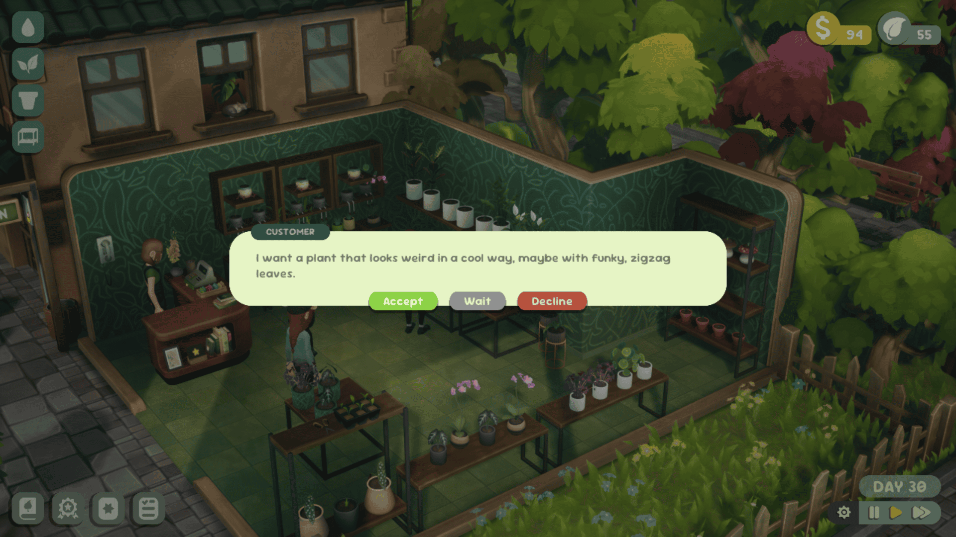 A cutaway view of a small plant shop on a busy street corner. Superimposed on the screen is a dialogue box that reads: "i want a plant that looks weird in a cool way, maybe with funky, zigzag leaves"