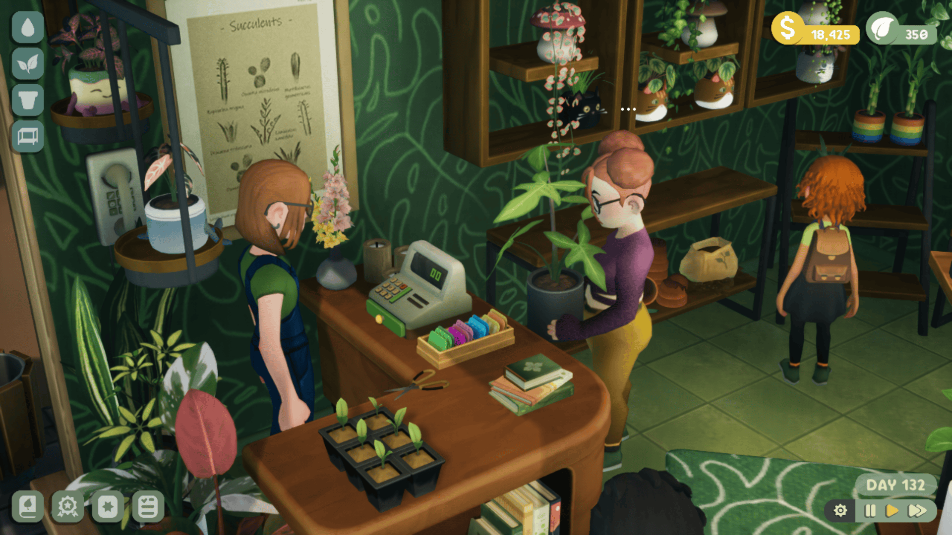 At the checkout counter in a plant store, a customer holds a large plant and stares blankly at the woman in overalls behind the cash register, who stares blankly back, unmoving.