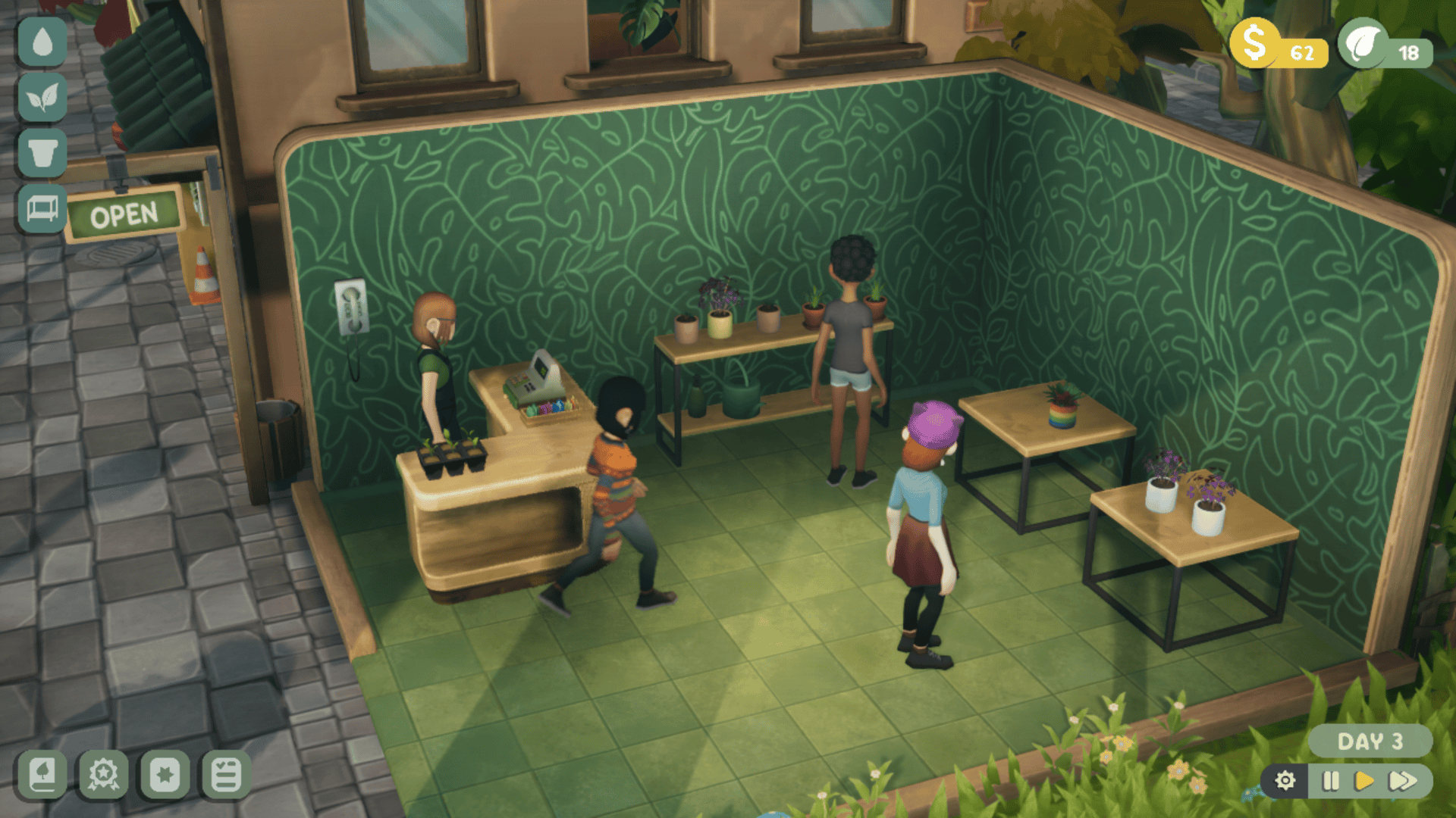 A cutaway view of a plant shop on a busy street corner. There are only three tables, each with one or two small potted plants on them, and a check out counter in the far left corner. The player character stands behind the register and three NPCs are walking around the shop looking at the plants.