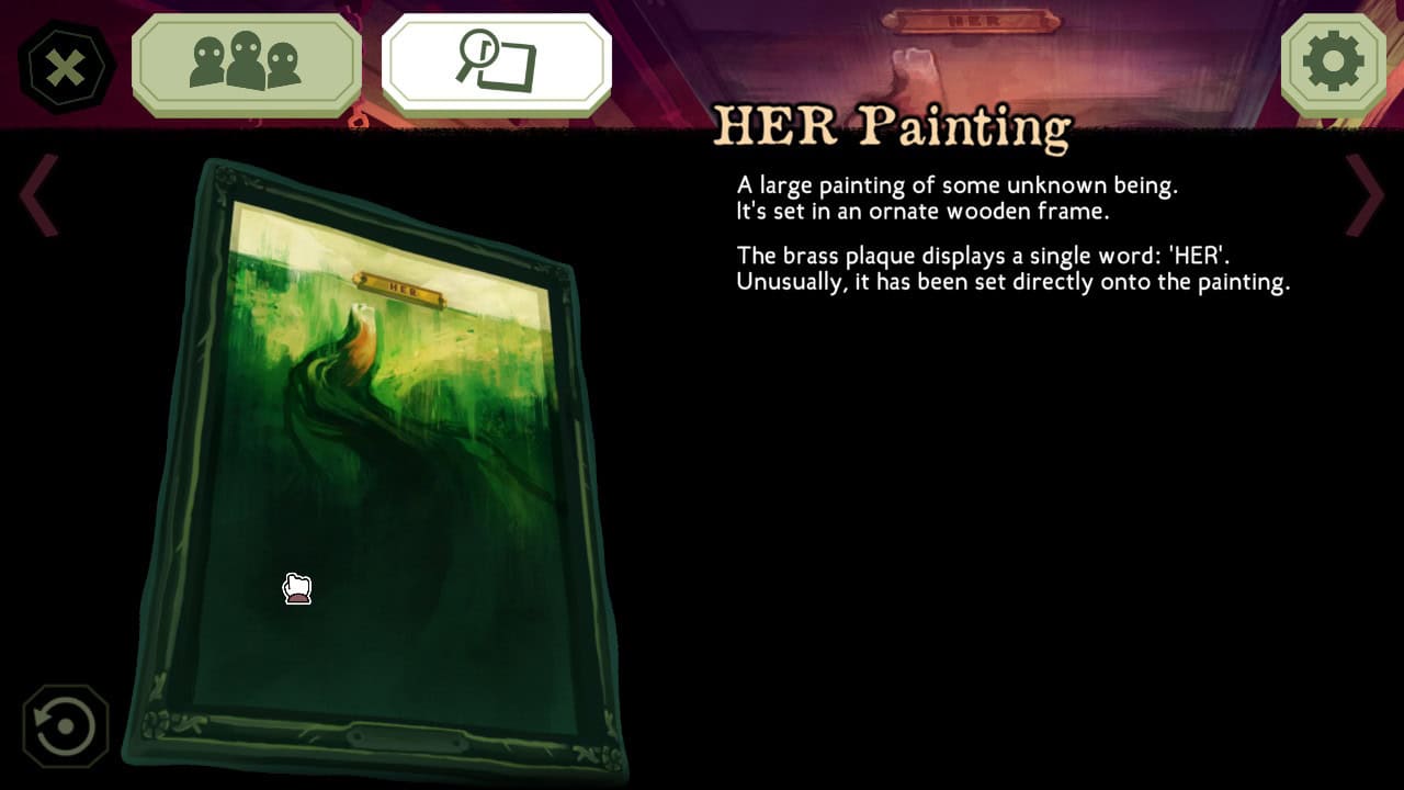 On the left, a portrait of a strange, enormous being under the ocean's surface with a human face, but everythign else looks more like dark tentacles. A brass plaque reading HER is placed directly on the canvas. Text to the right reads: "HER Painting - A large painting of some unknown being. It's set in an ornate wooden frame. The brass plaque displays a single word: 'HER'. Unusually, it has been set directly onto the painting.