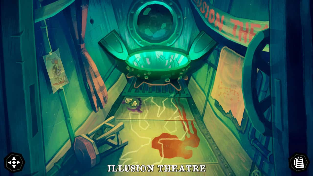 An illustration of a small storage room in a submarine. The porthole window in the far wall is dark, as the vessel is currently underwater. The walls and floor are metal, and there is exposed piping along both walls. Curtains and banners have been hung to make the room into a kind of theatre. Below the porthole is a giant stone cauldron with a hinged lid. The lid stands open and the base of the cauldron glows blue. There is a broken glass bottle with a purple liquid and an overturned stool along the left wall. In the middle of the floor is a chalk outline of a body. To the right of the outline is a large bloodstain that has pooled near the neck and right shoulder, and then ran down ward to the drain under the cauldron.