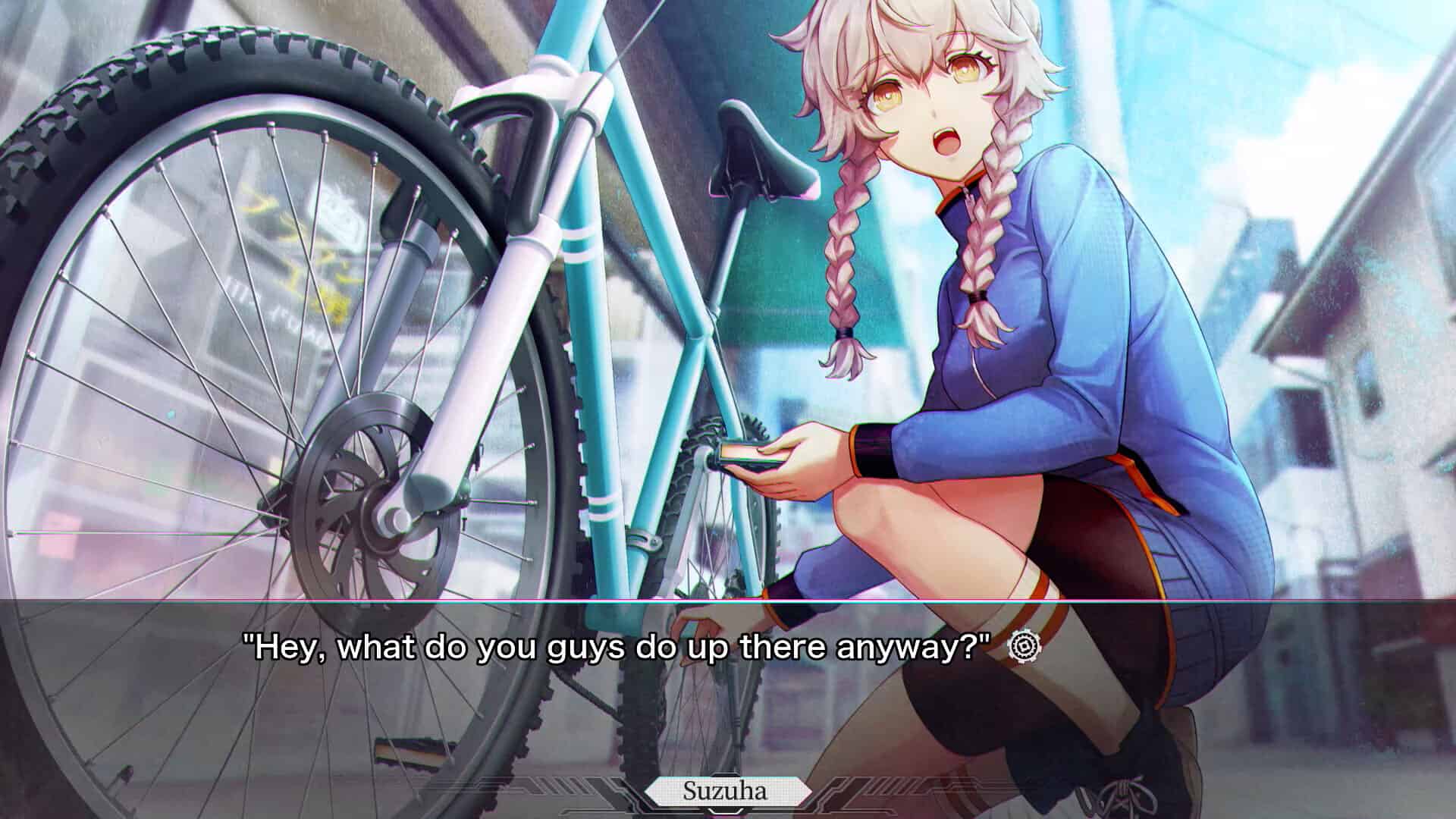 Steins;Gate RE:BOOT screenshot showing Suzuha Amane and her bicycle