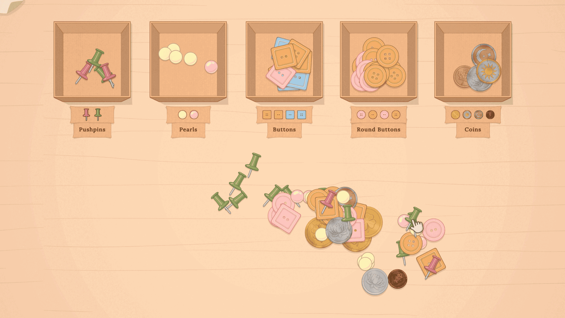 screenshot of the sorting bureau, sorting pushpins, pearls, buttons, round buttons and coins into boxes