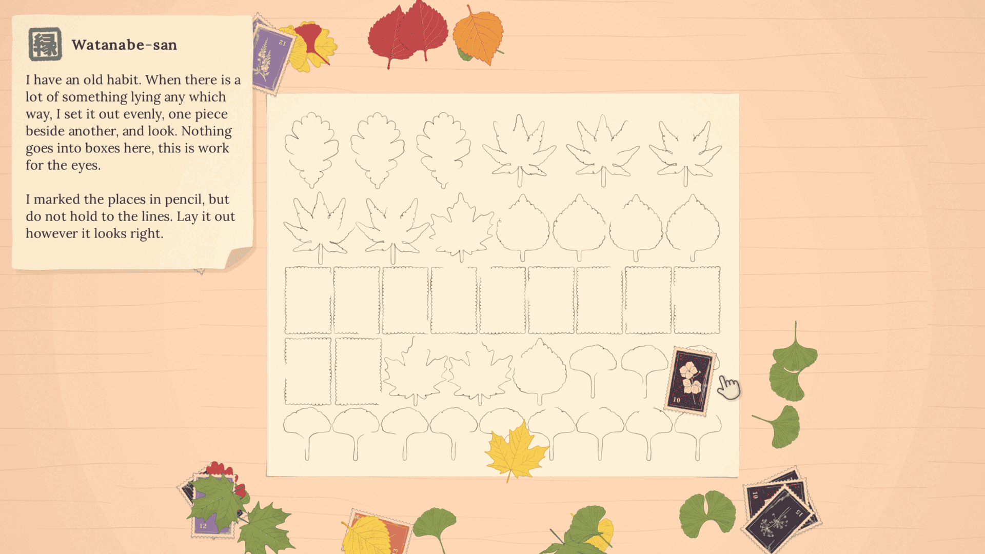 screenshot of the sorting bureau, sorting leaves and stamps onto paper