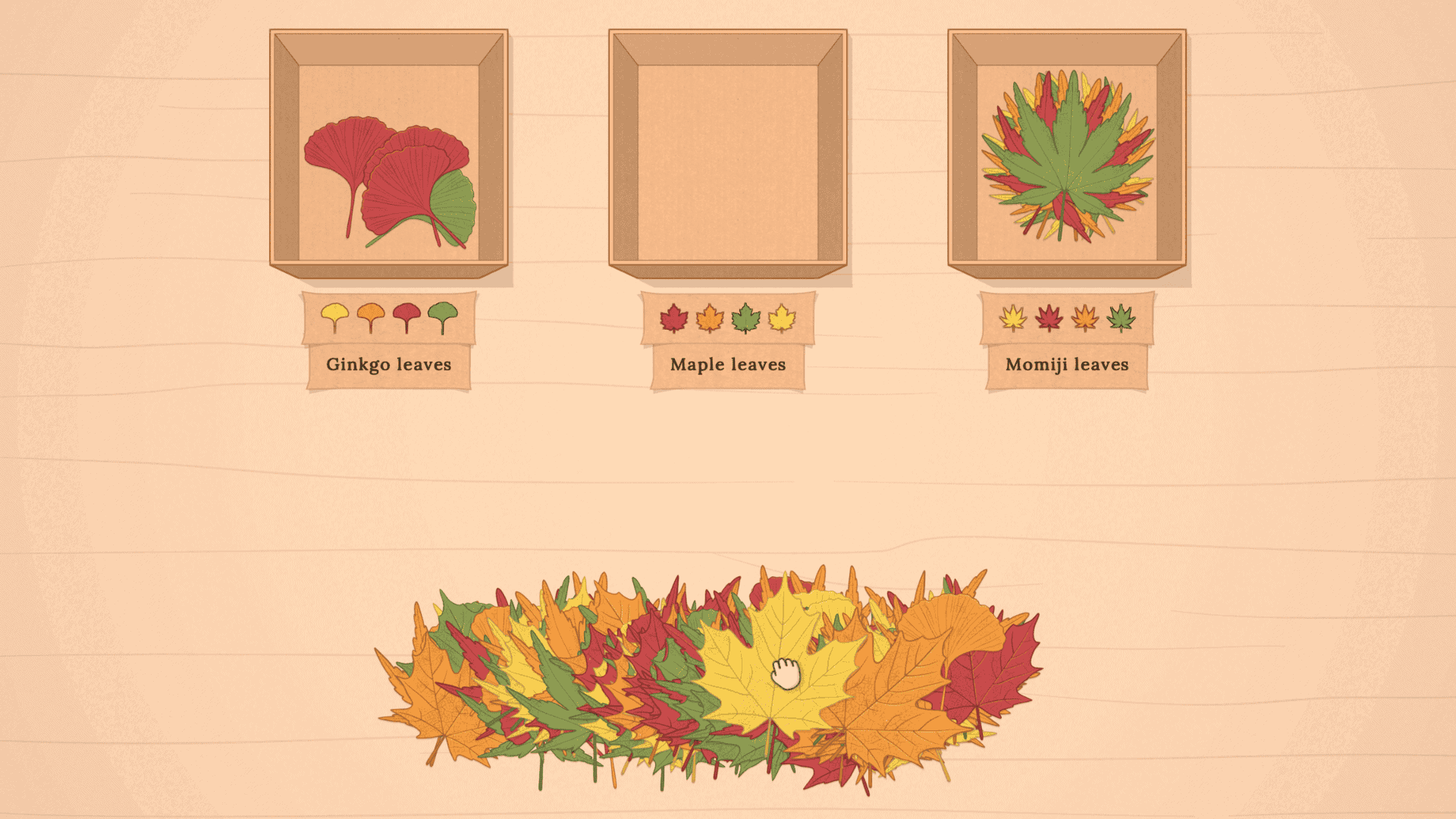 screenshot of the sorting bureau, sorting ginkgo, maple and momiji leaves into boxes