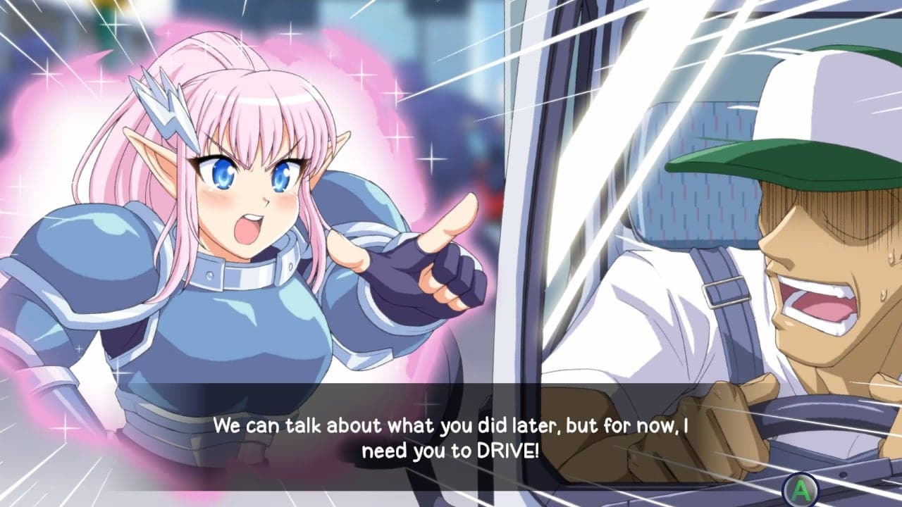 A woman in armor surrounded by a pink outer glow yells at a truck driver "We can talk about what you did later, but for now, I need you to DRIVE!"