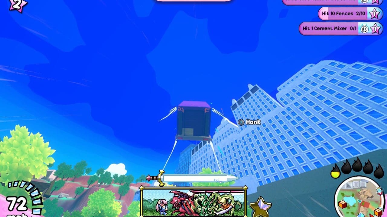 A purple truck flies into the air off a ramp