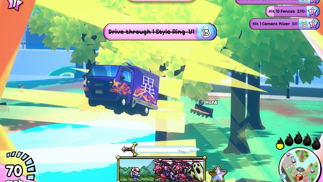 A purple truck boosts off a ramp