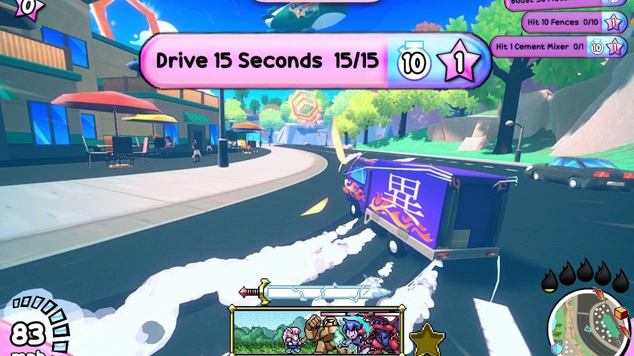 A purple truck drifts to the right
