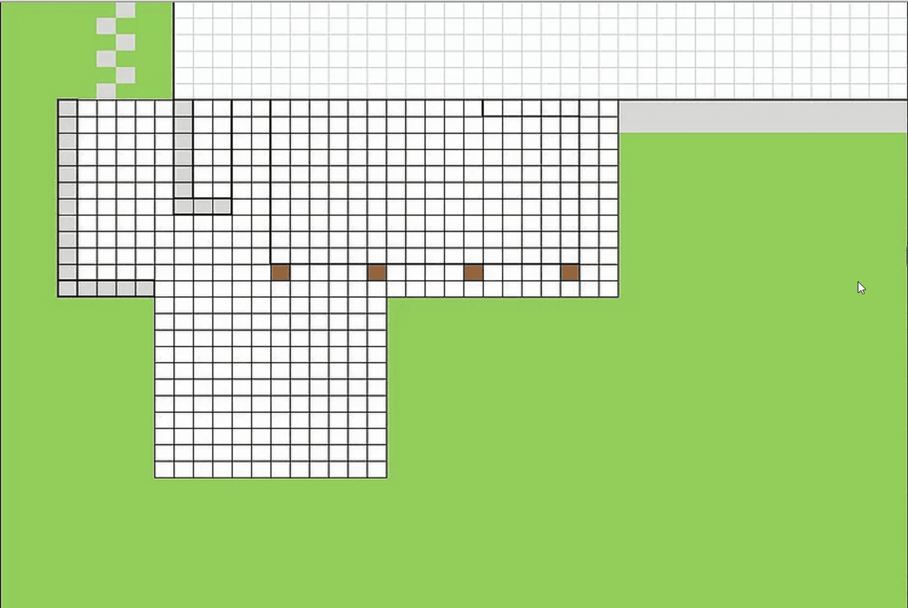 A grid layout map with white squares indicating structured areas on a green background, possibly representing outdoor space. Three brown squares and a few grey areas are spread across the grid, suggesting doors or features.