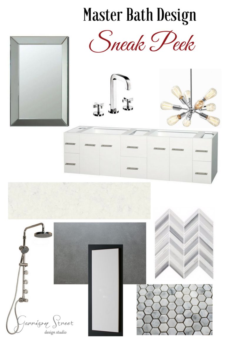Collage of master bath design elements featuring a frameless mirror, modern faucets, a white vanity, a geometric light fixture, a rainfall showerhead, marble and hexagonal tiles, and a white and gray color scheme.