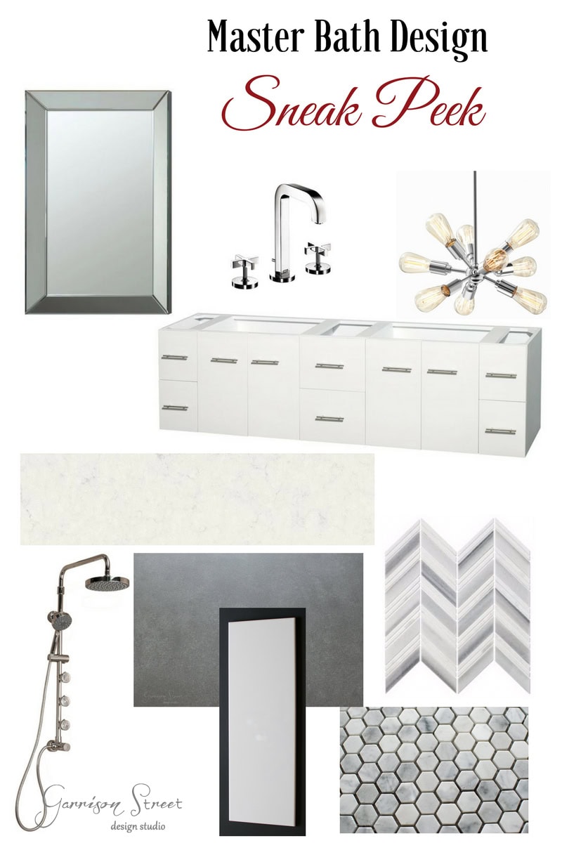 Collage of master bath design elements featuring a frameless mirror, modern faucets, a white vanity, a geometric light fixture, a rainfall showerhead, marble and hexagonal tiles, and a white and gray color scheme.