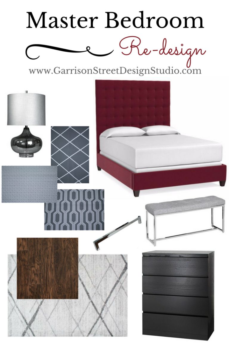 Bedroom design mood board featuring a red upholstered bed, gray dresser, silver bench, patterned area rug, dark wood flooring, fabric swatches in greys and blues, along with a black table lamp. Text: "Master Bedroom Re-design".