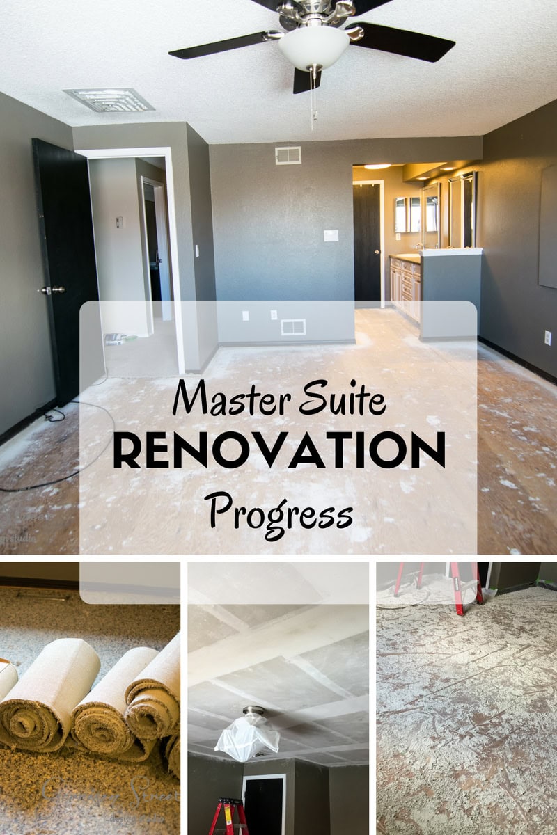 Collage of a master suite renovation. The top image shows a bare room with a ceiling fan and gray walls. Below, images display rolled-up carpet, a textured ceiling, a bare floor, and a ladder. Central text reads "Master Suite Renovation Progress.