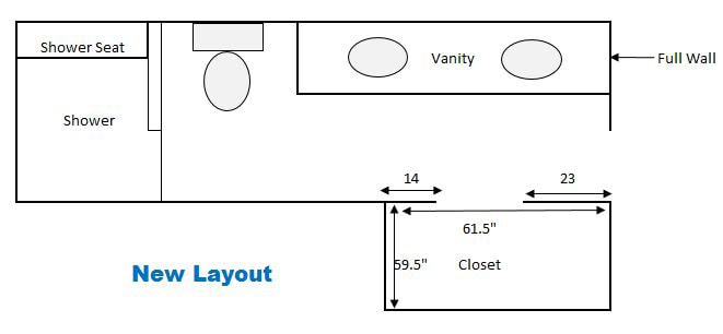Floor plan of a bathroom labeled "New Layout" featuring a shower with a seat, a toilet, a vanity with double sinks, and a closet. Measurements are shown: closet 61.5" x 59.5", with sections marked 14" and 23".