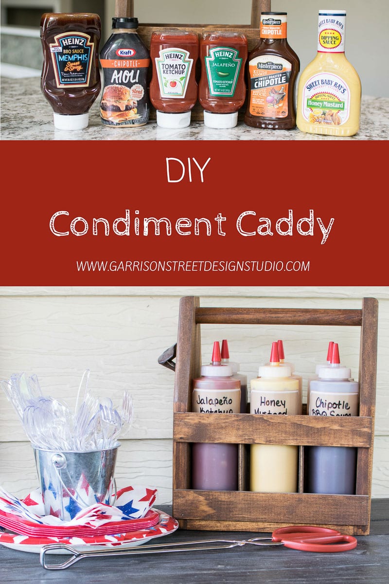 A DIY condiment caddy cleverly holds an array of sauces like ketchup, mustard, and barbecue in a tidy wooden holder. The image features a bold red banner saying "DIY Condiment Caddy," with disposable utensils on festive red, white, and blue plates.